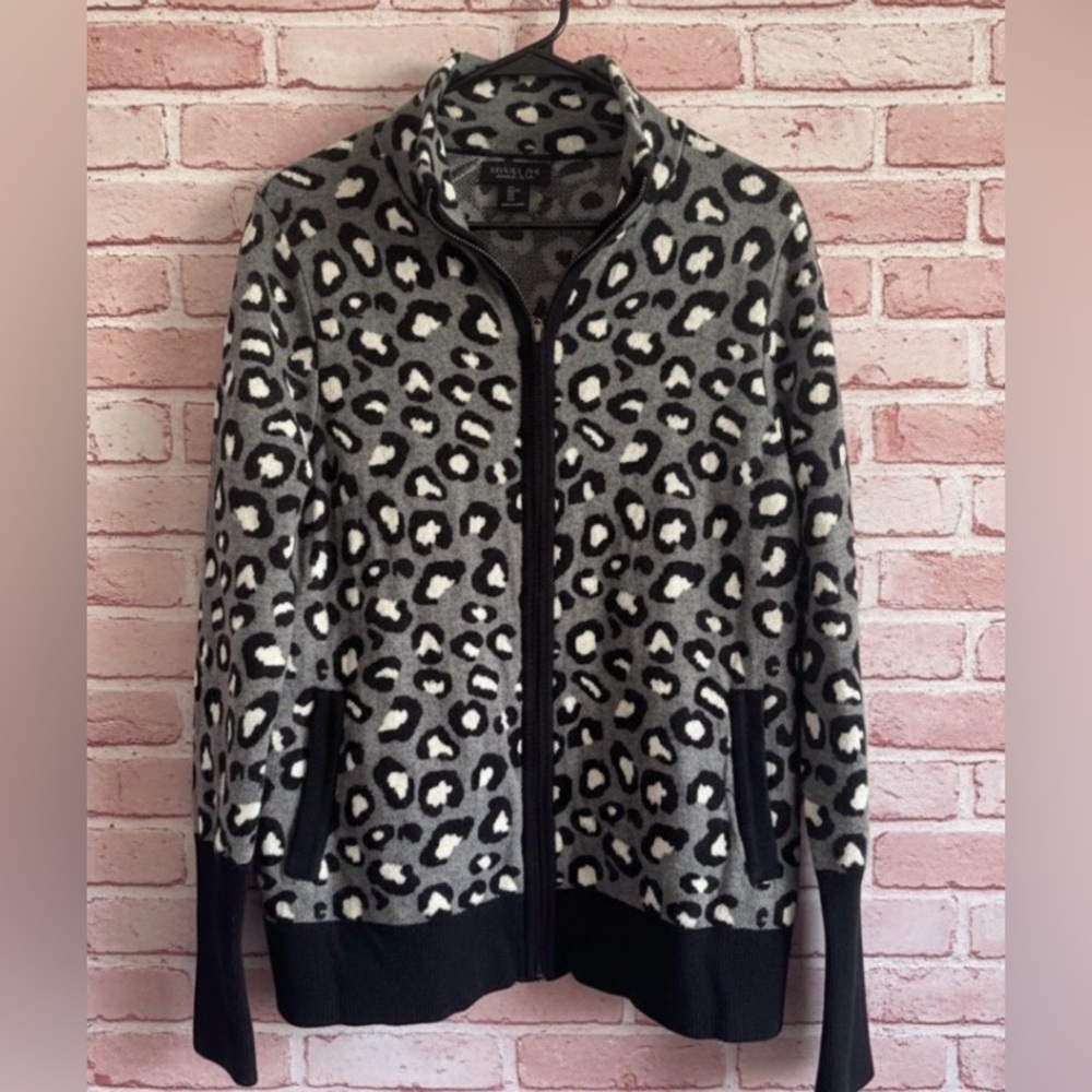 Rachel Zoe Gray Black Leopard Print Full Zip Pockets Cardigan Sweater Size Large